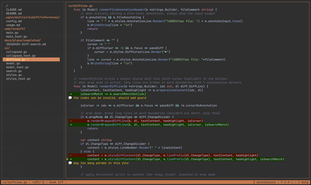 revdiff TUI — diff view with syntax highlighting